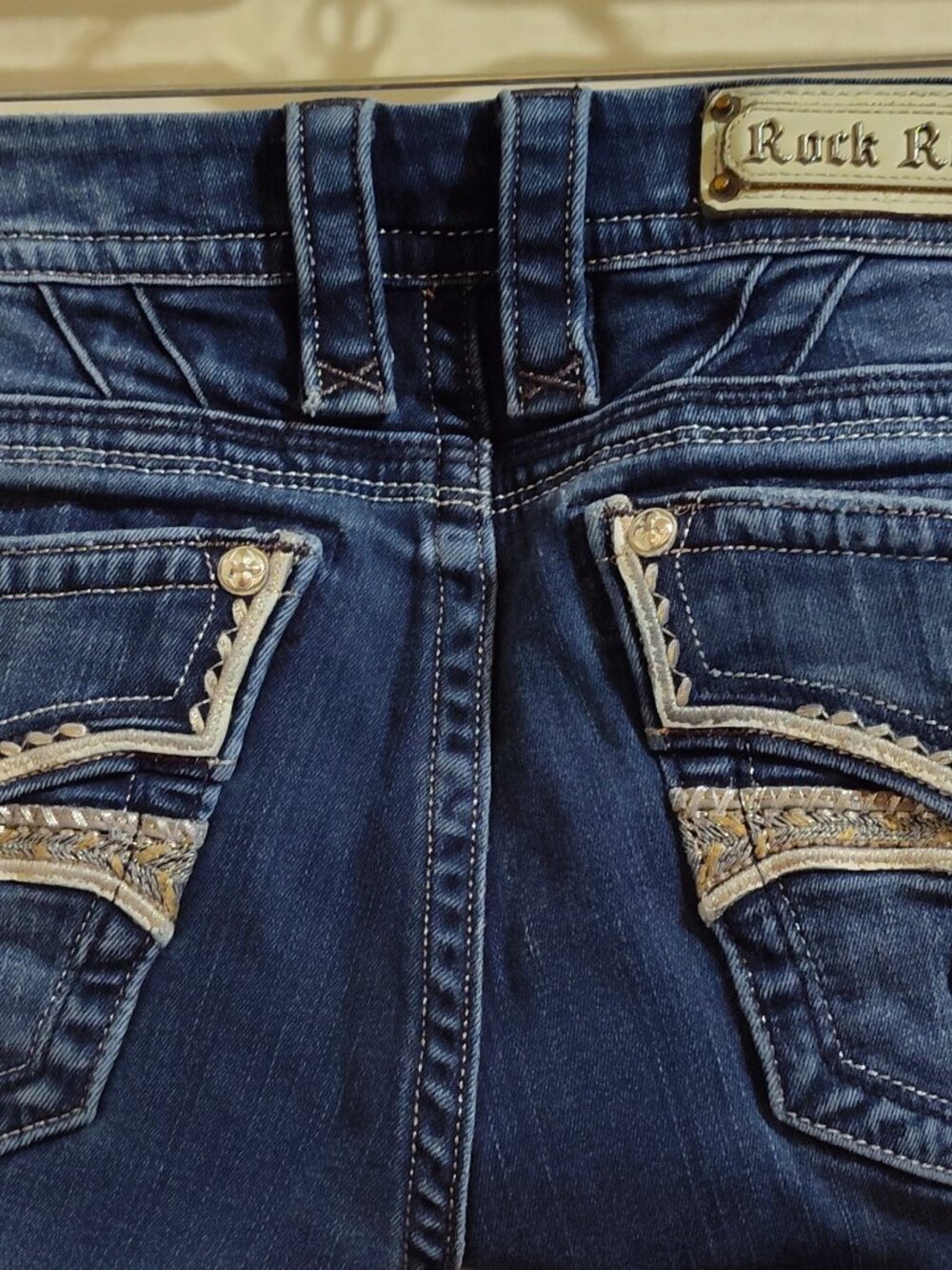 Rock Revival size 30 Fleur de Lis Flap back Pockets Designs Boot cut Jeans